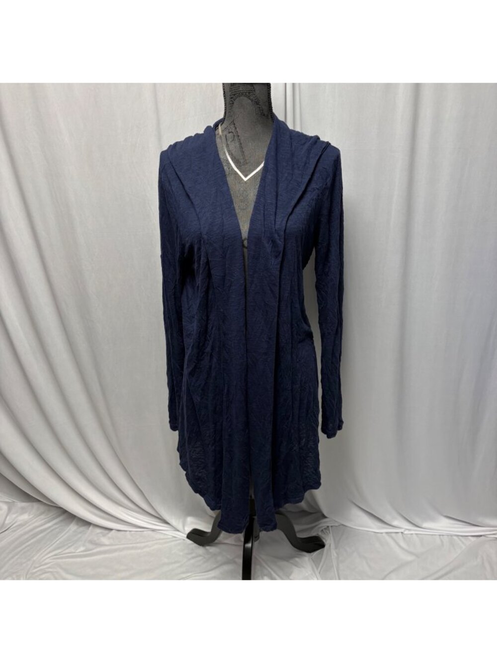 Compli K Navy Blue Hooded Open Front Cardigan  Womens Small Crinkle Texture